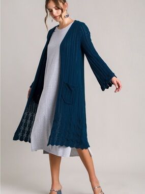 Umgee Teal Open Front Ribbed Knit Duster Cardigan